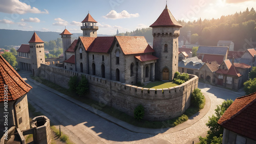 Medieval castle in 3D game scene style, sunny summer day, panoramic view of the city with towers and walls.
