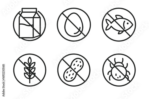 Allergy icons: milk, egg, fish, wheat, peanut, dust mite - no symbol set