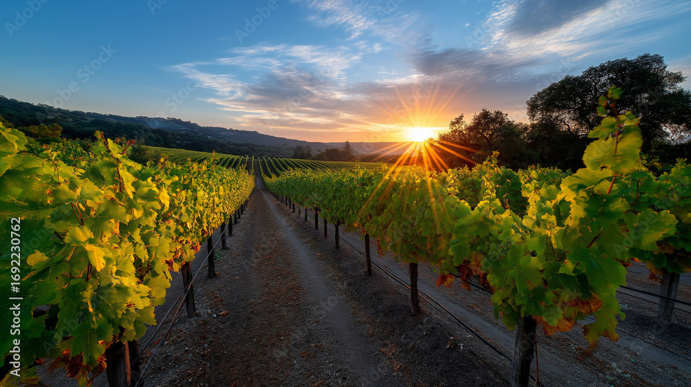 Fototapeta premium Golden sunrise over vineyard rows, grapes and leaves catching first light.