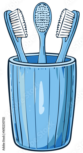 Blue toothbrushes in a matching cup representing dental hygiene and oral care routine with a playful design emphasizing healthy lifestyle