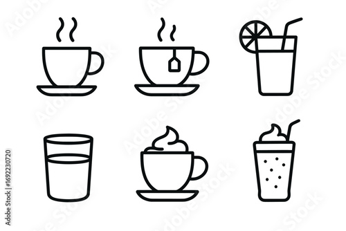 Minimalist beverage icons: coffee, tea, juices, water, cappuccino, smoothie