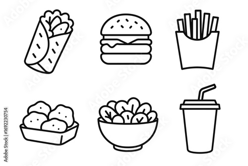 Fast food icons: burger, fries, wrap, nuggets, salad, and drink