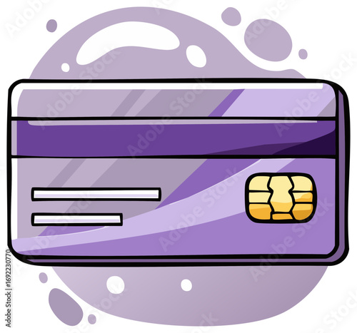 Lilac stylized credit card with chip payment. Digital online banking services concept for business