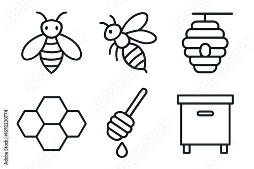 Outline icons of bees, hive, honeycomb, and honey tools