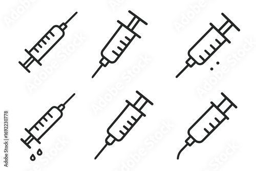 Set of six medical syringe icons in various designs on white background