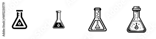 Set of four black and white laboratory flask icons for science and chemistry experiments, isolated on a white background