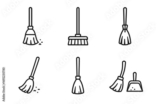 Broom and dustpan icons: simple cleaning tools outline illustration