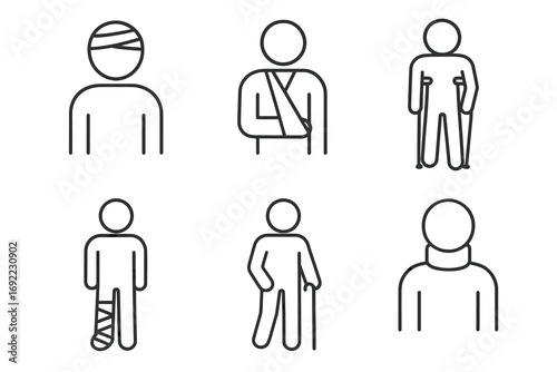 Simple medical icon set depicting injured figures with bandages and crutches
