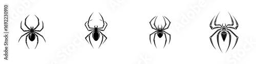 Set of four black spider silhouettes for tattoo design or logo icon isolated on a white background