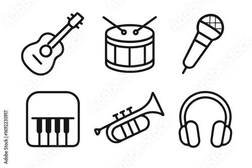 Musical instrument icons: guitar, drum, microphone, keyboard, trumpet, headphones