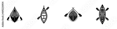 Set of black canoe and kayak icons with paddles from a top view for adventure and travel logo design, isolated water sport symbols