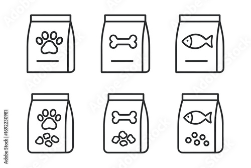 Outline icons of pet food packs: paw, bone, fish symbols
