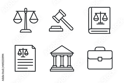 Legal icons: scales, gavel, book, document, courthouse, briefcase