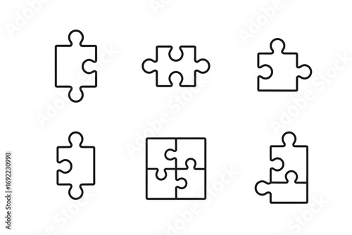 Outline of puzzle pieces in various arrangements for problem-solving concept