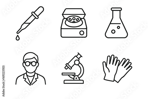 Laboratory equipment and scientist outline icons set