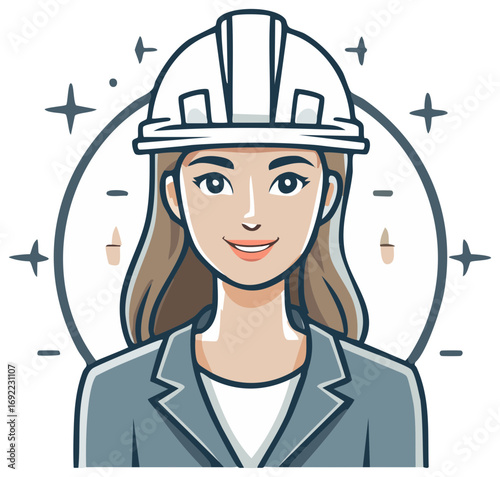 Smiling Woman Engineer Avatar Wearing Hard Hat and Blazer with Construction Circle Graphic and Stars