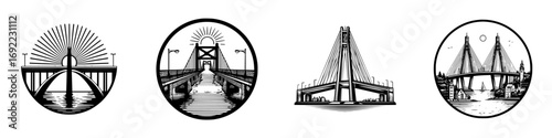 Collection of bridge logo designs in a bold black and white graphic style featuring various architectural structures and cityscapes