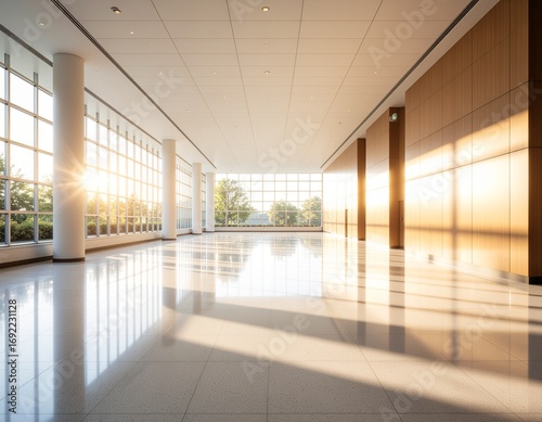 Sunlight streams into modern open lobby, perfect for corporate events or office space design projects