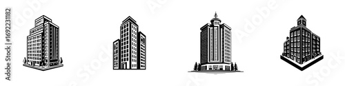 Set of four black and white retro style building icons for business and real estate logos isolated on white background