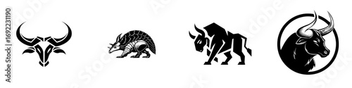 Monochrome animal mascots with bull heads, a powerful bison, and a detailed armadillo in tribal and geometric styles for logos or emblems