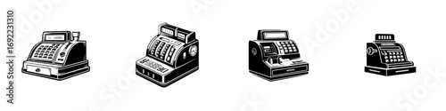 Four vintage and modern cash register icons in a bold black and white graphic style for retail and business concepts