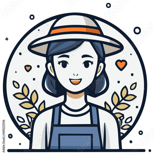 Cartoon Woman Farmer with Hat and Overalls surrounded by Plants and Hearts in Circle