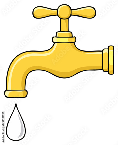 Yellow Cartoon Faucet Dripping Water Droplet, Plumbing Fixture, Water Conservation