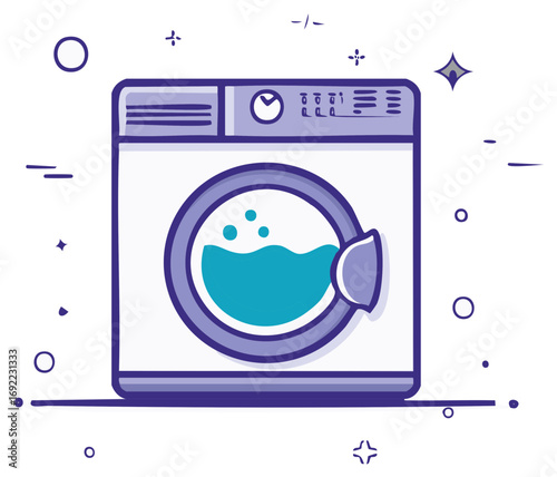 Modern washing machine with sparkling clean water inside its drum