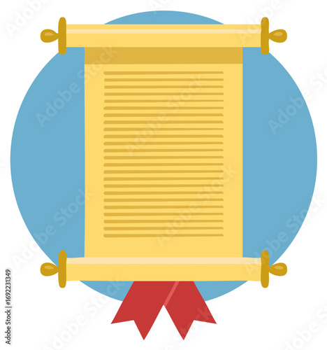 Stylized golden paper scroll with text and red ribbon ancient decree or official certificate diploma