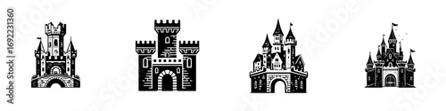 Set of four black castle icons showing medieval and fantasy architecture silhouettes isolated on a white background