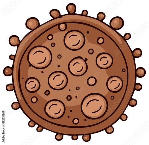 Brown Cartoon Microbe Featuring Circular Structures and Small Protrusions Around Outer Edge