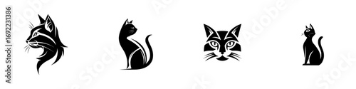 Set of black cat icons in various poses including profile, sitting, and frontal view for logo design or tattoo art, minimalist feline silhouettes isolated on a white background