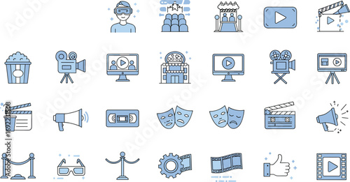 Set of Blue Outline Cinema and Film Icons Including Director, Camera, Megaphone, Masks, Projector, and Movie Elements for Creative Design and Production