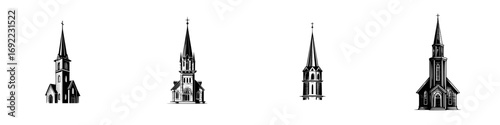 Set of four black and white church building icons with steeples and crosses in a graphic architectural style