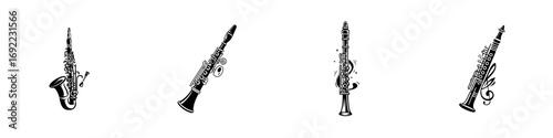 Collection of black clarinet silhouettes, woodwind musical instrument icons for classical and jazz music design elements isolated on a white background