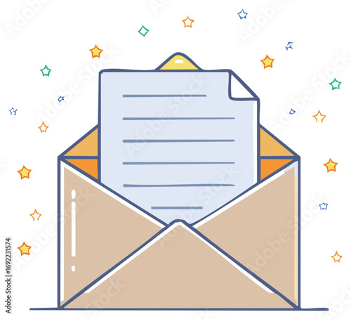 Charming hand drawn open mail envelope with a letter emerging surrounded by colorful sparkling stars