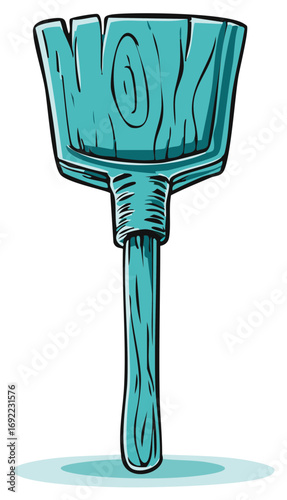 Cartoonish blue wooden dustpan with a textured handle and blade