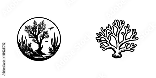 Black and white coral reef underwater scene with fish and seaweed in a circle emblem and a separate isolated coral icon set