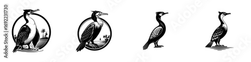 Slika na platnu Set of black and white cormorant bird icons in a graphic woodcut style for a nat