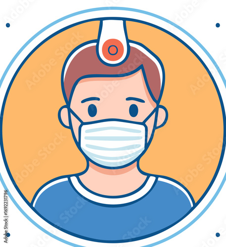 Person with face mask and infrared thermometer in a circle, health concept