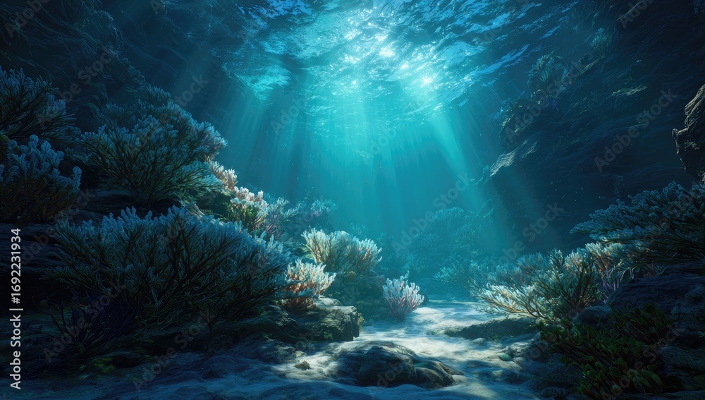 Obraz premium Sunbeams pierce a vibrant underwater coral reef