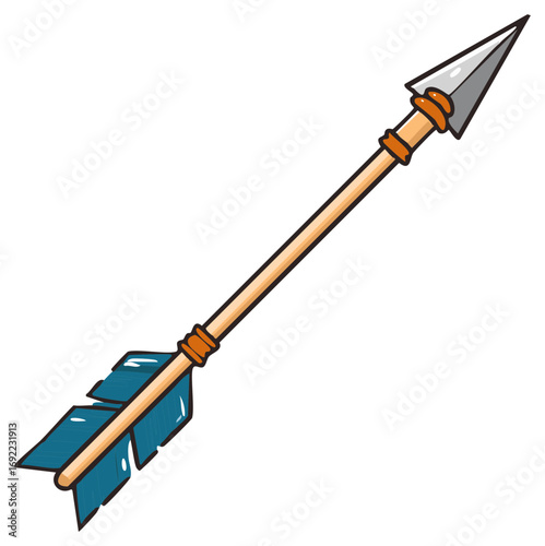 Cartoon arrow with metal tip and blue feathers ready for flight