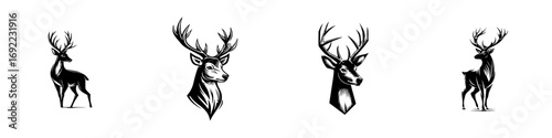 Collection of deer stag icons and logos in a minimalist black and white style, featuring full body and head portraits with large antlers