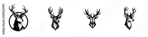 Set of four black and white deer head logos with antlers in a vintage woodcut style for emblems and icons
