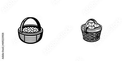 Set of two traditional woven baskets with one empty and one full of steamed dim sum buns in a black and white style