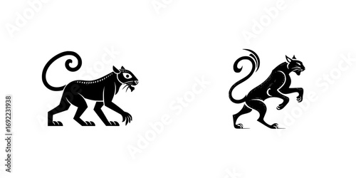 Set of two black panther silhouettes in ancient heraldic style, mythical beast walking and in rampant pose for logo or emblem design