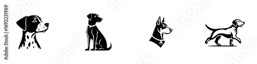 Collection of stylized dog breed icons in black and white including Dalmatian, Doberman, and Beagle for logo or symbol design