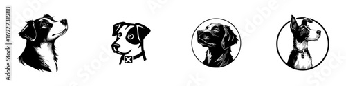 Collection of black and white dog head portraits in various graphic styles, an isolated set of canine emblems for pet logos or icons on a white background