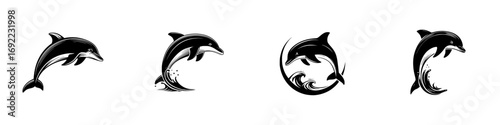 Set of four black and white dolphin icons jumping over waves, minimalist logo design elements for marine life concepts