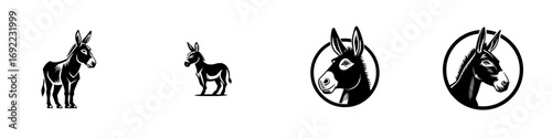 Black and white donkey logo icon set with full body and headshot emblem variations for farm animal branding